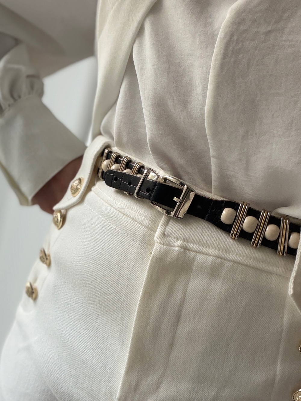 Vintage Brown and Cream Leather Belt with Studded Accent